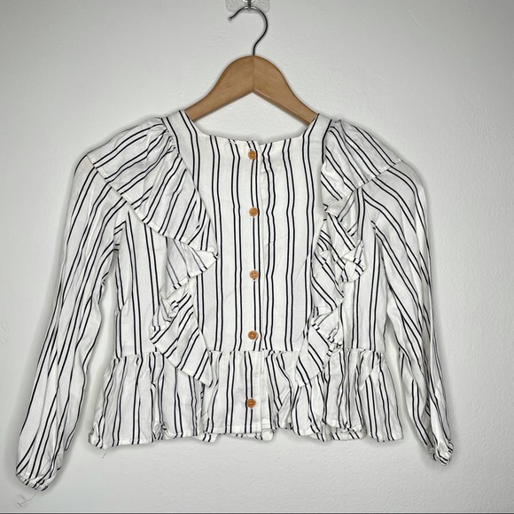 Jessica Simpson Embroidered Ruffled Cropped Blouse Striped 100% Rayon Size 6 - Picture 5 of 9